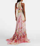 Long Chiffon Dress with Miami Flowers Print