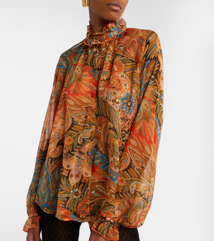 Silk shirt with ruffles and paisley motif