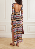 Open-back metallic crochet-knit maxi dress