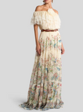 Long silk dress with placed flora and fauna print