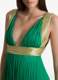 Long silk gown with metallic embroidery